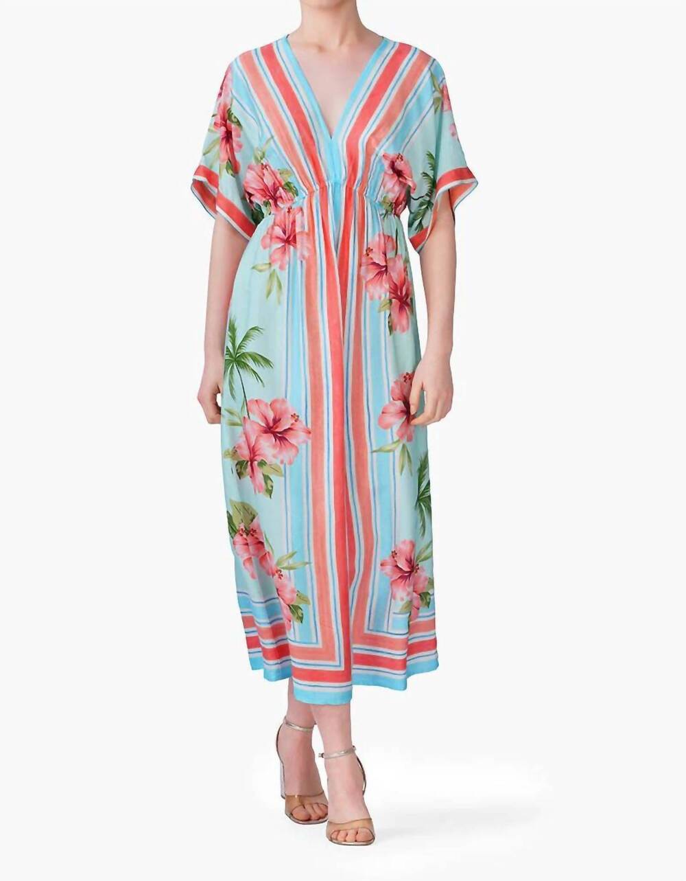 NEW AMERICA & BEYOND short sleeves midi dress in scarlet hibiscus